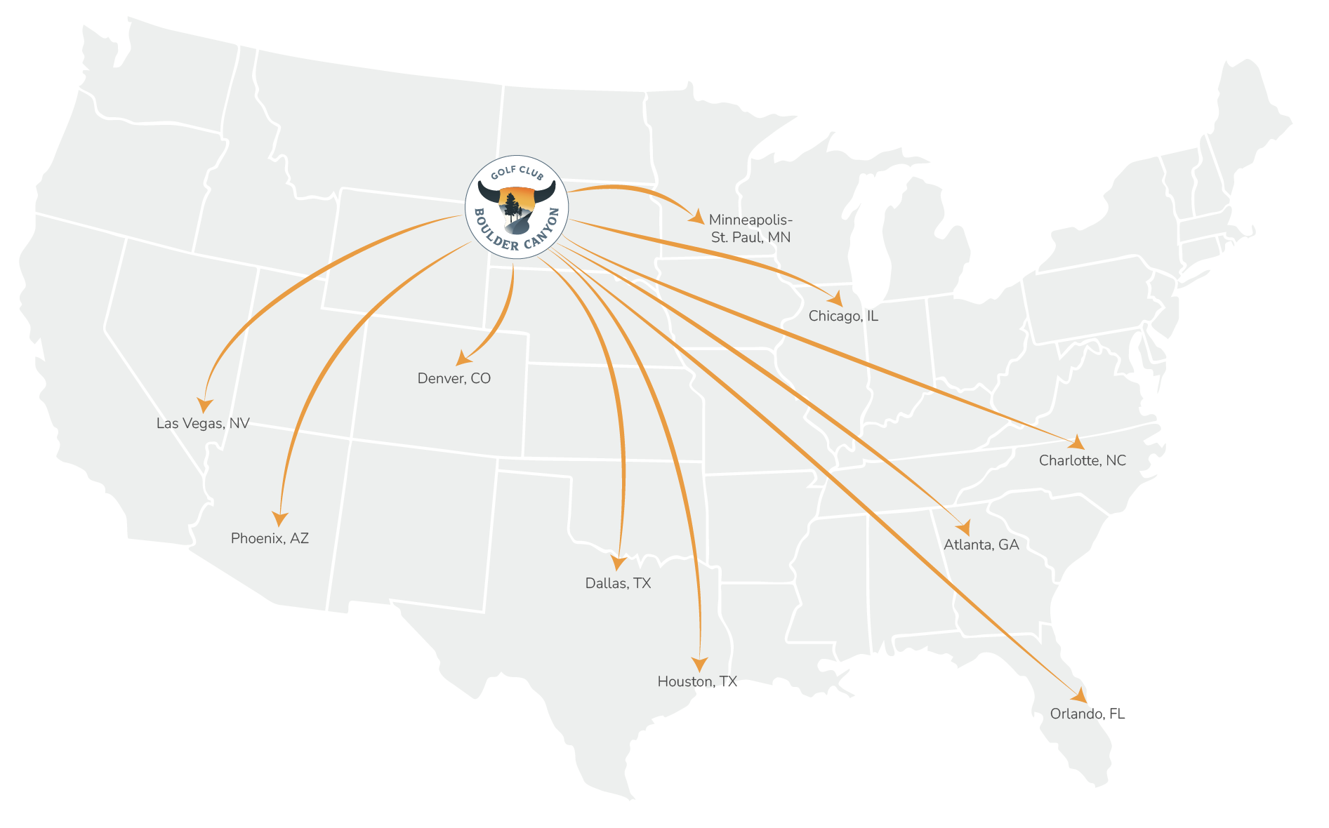 Map of US cities with non-stop flights to Rapid City, SD